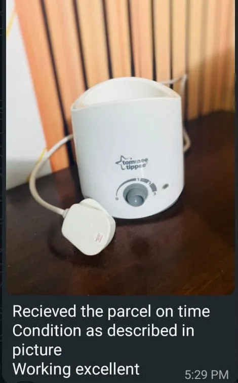 Real customer review on WhatsApp – Tommee Tippee Bottle Warmer