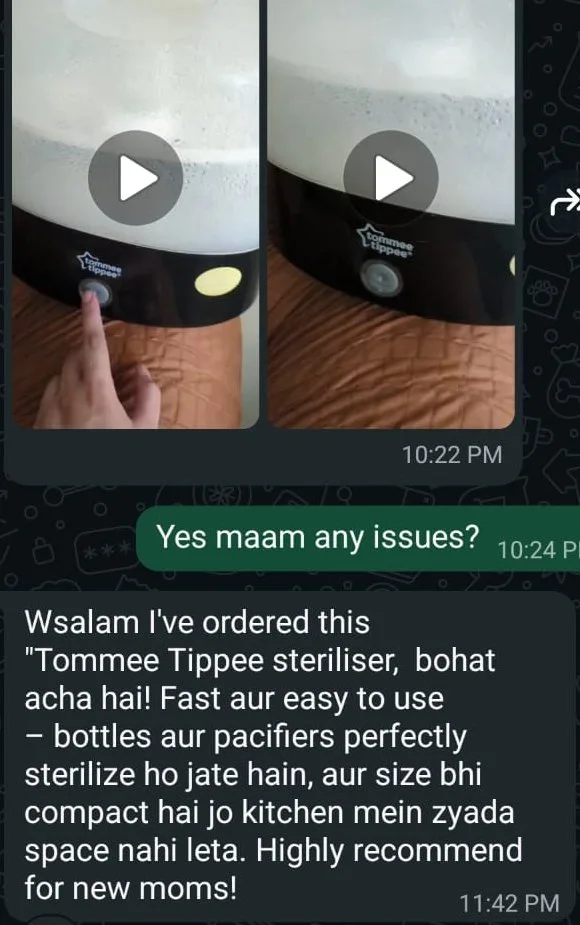 Real customer review on WhatsApp – Tommee Tippee Steriliser